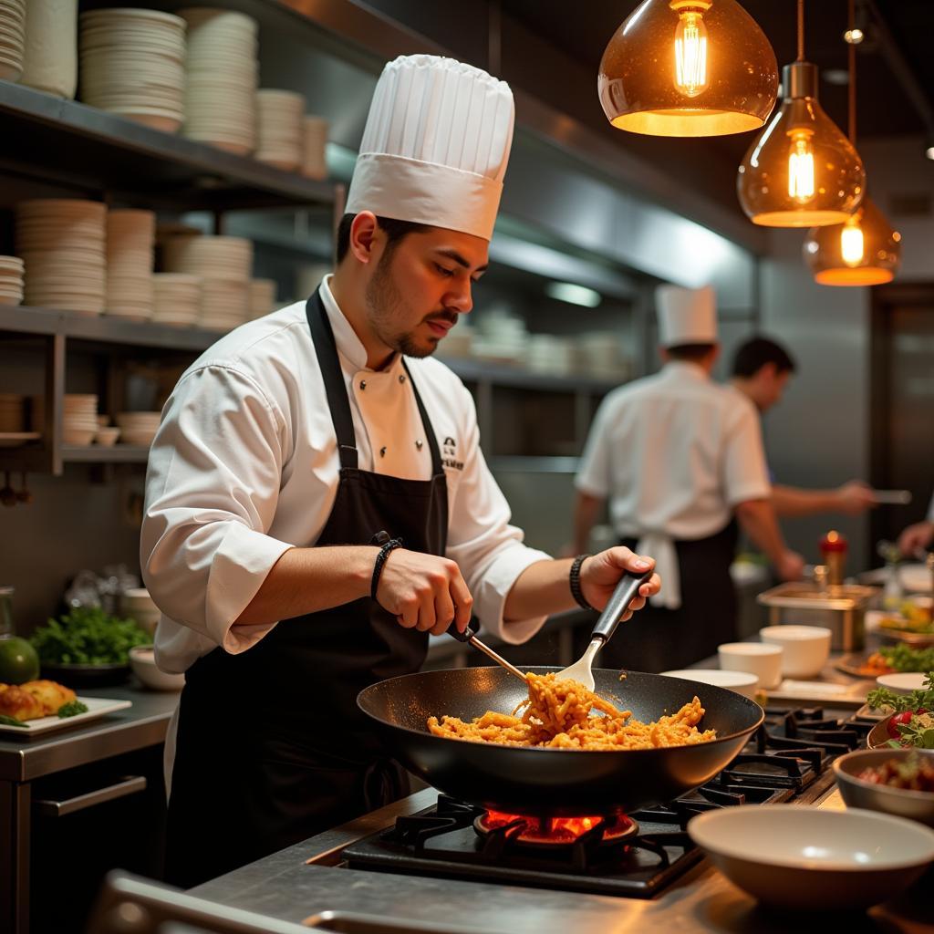 A chef expertly prepares a Chinese dish in a restaurant kitchen, showcasing the skill and precision involved.