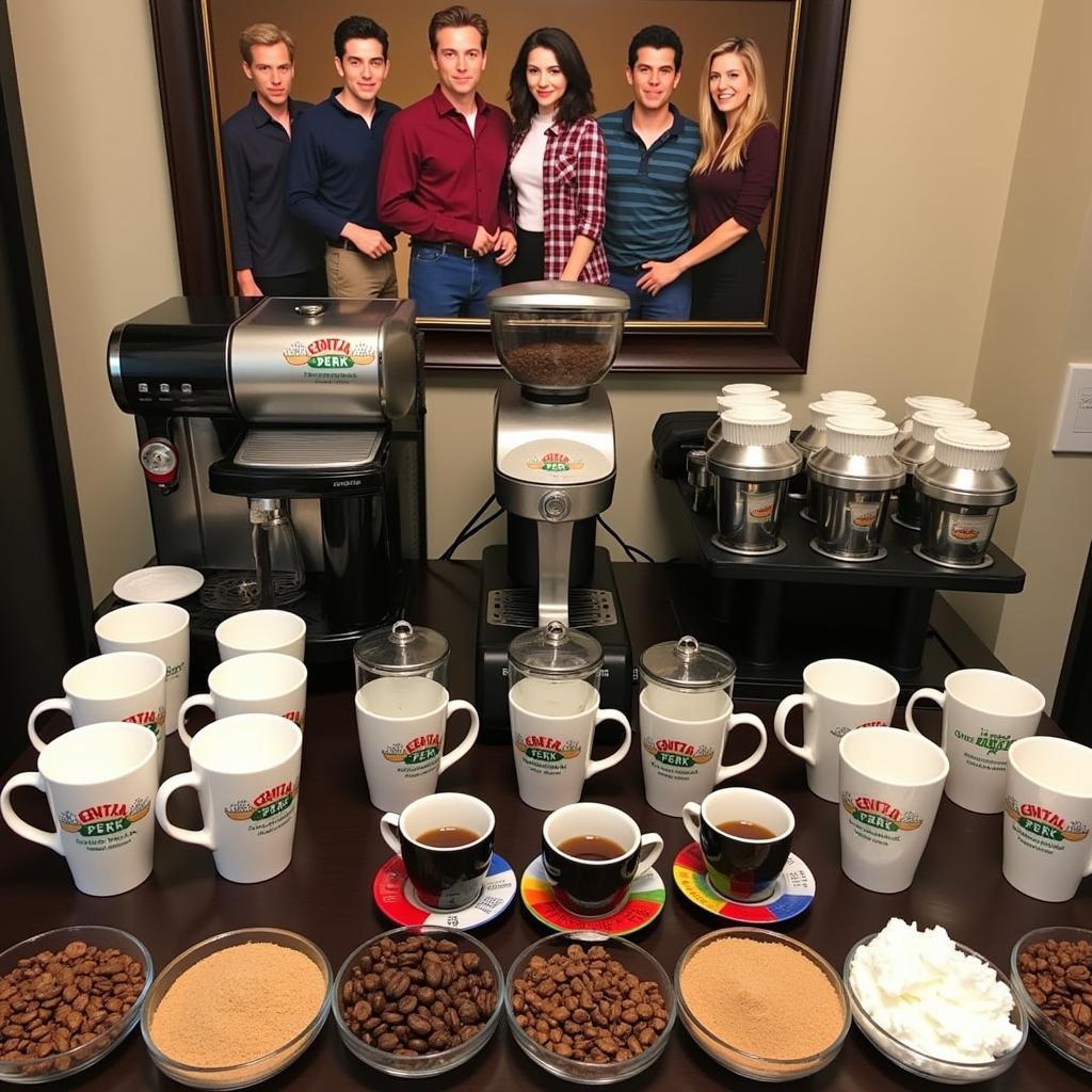 Central Perk Coffee Station with mugs, coffee beans, and various toppings.