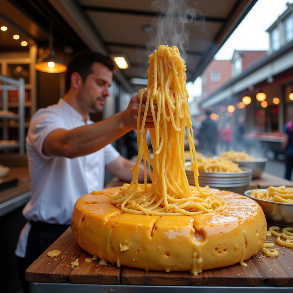 Cheddar wheel food truck cooking pasta in cheese wheel