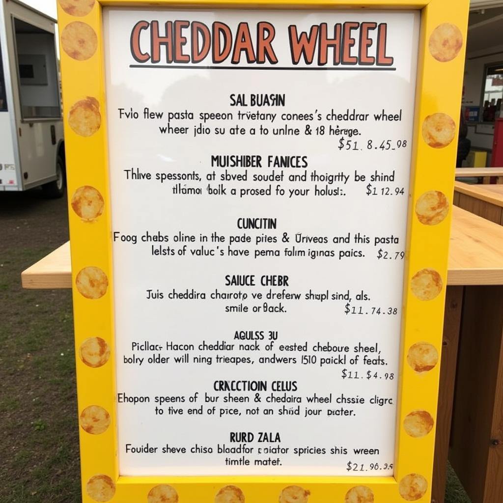 Cheddar wheel food truck menu featuring various pasta options