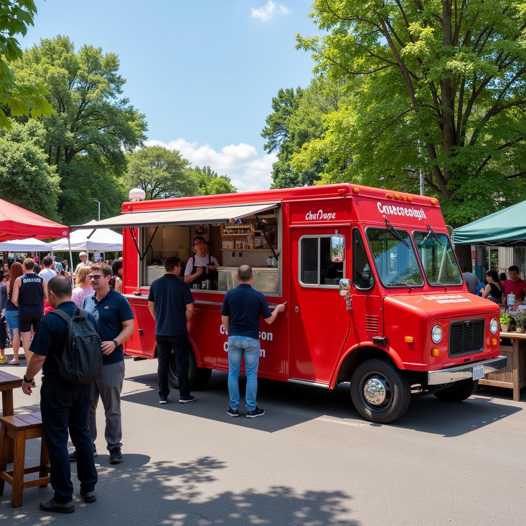 Chef Dan's food truck parked at a bustling farmers market, serving customers.