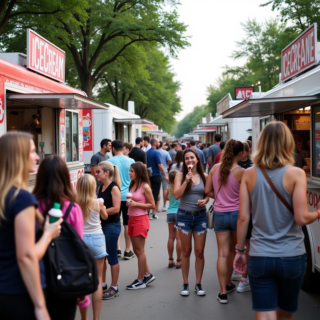 Crowds gather around ice cream food trucks at a Chicago festival