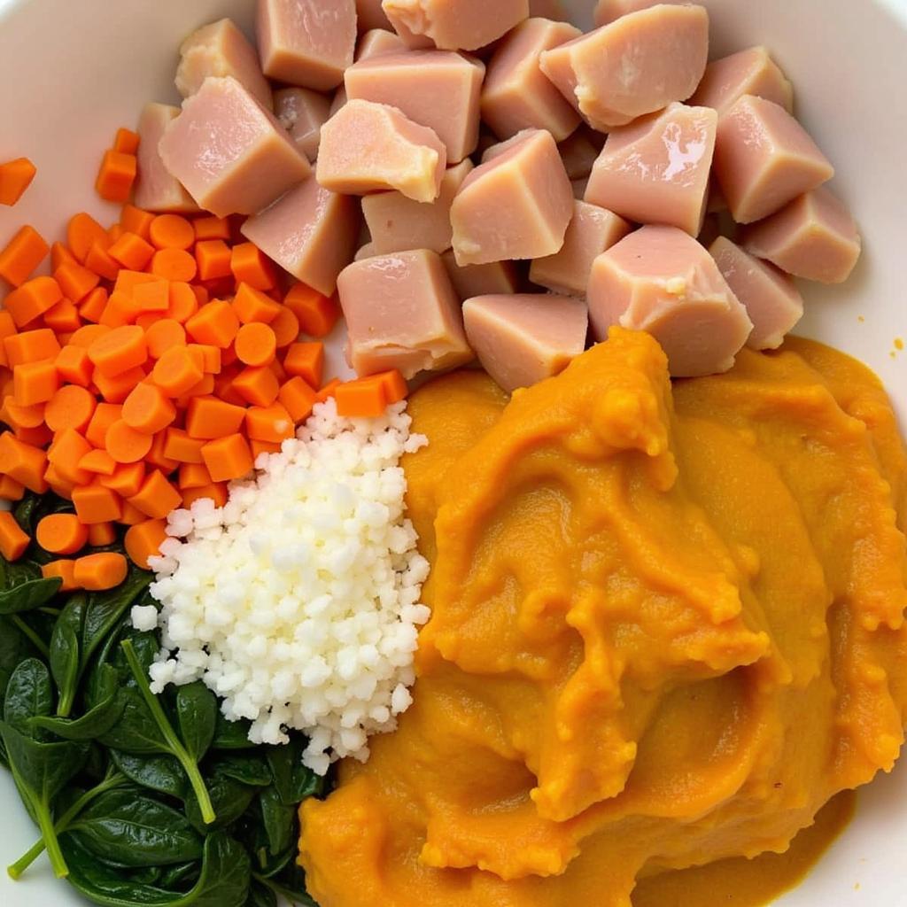 Close-up of chicken and pumpkin ingredients for cat food