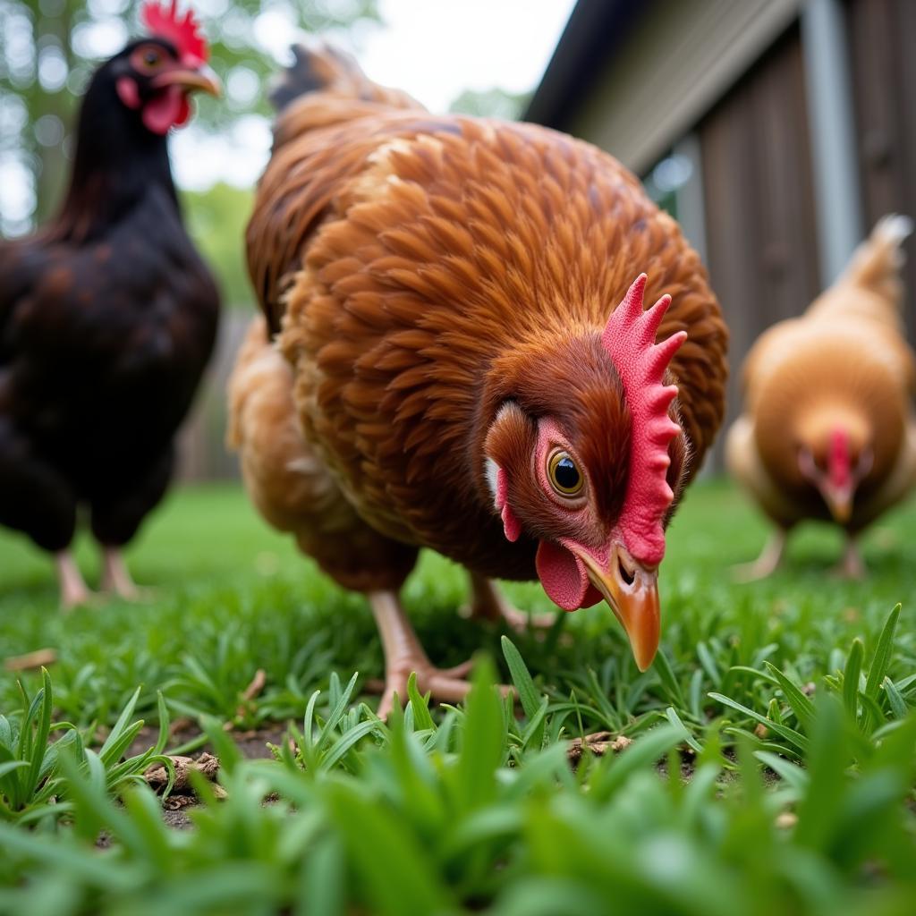 Chicken Eating Grass in Backyard