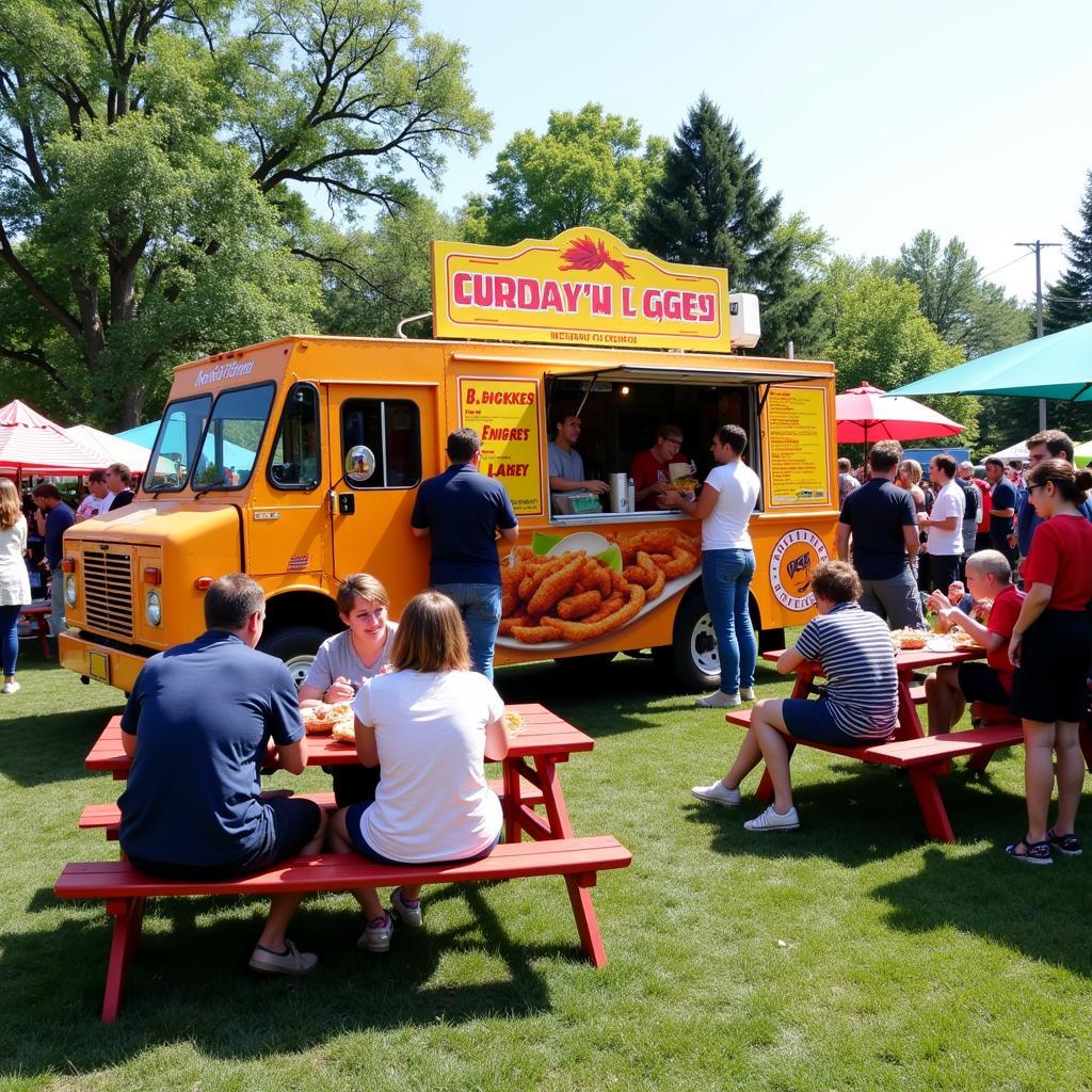 Chicken fingers food truck serving customers at a bustling local event