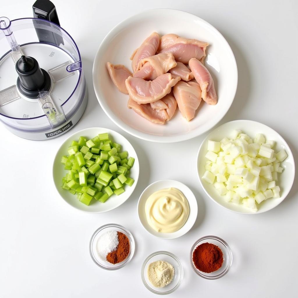 Preparing ingredients for chicken salad in a food processor