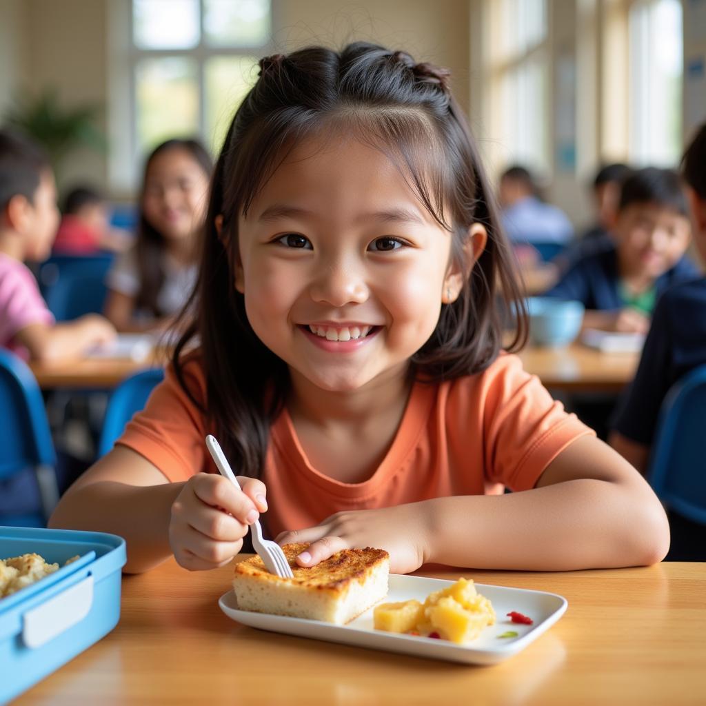 A child happily eating a warm lunch from their Bentgo box at school