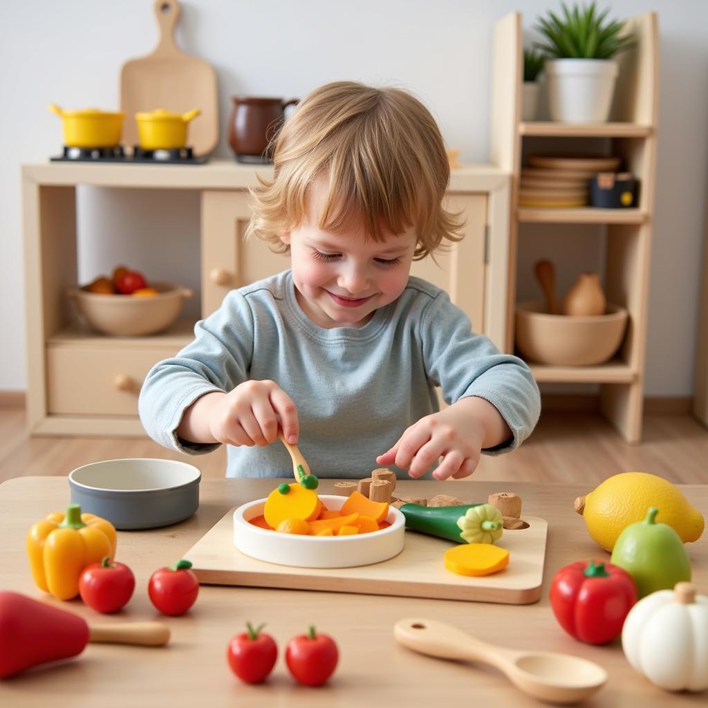 Child Playing with Wooden Food in a Play Kitchen