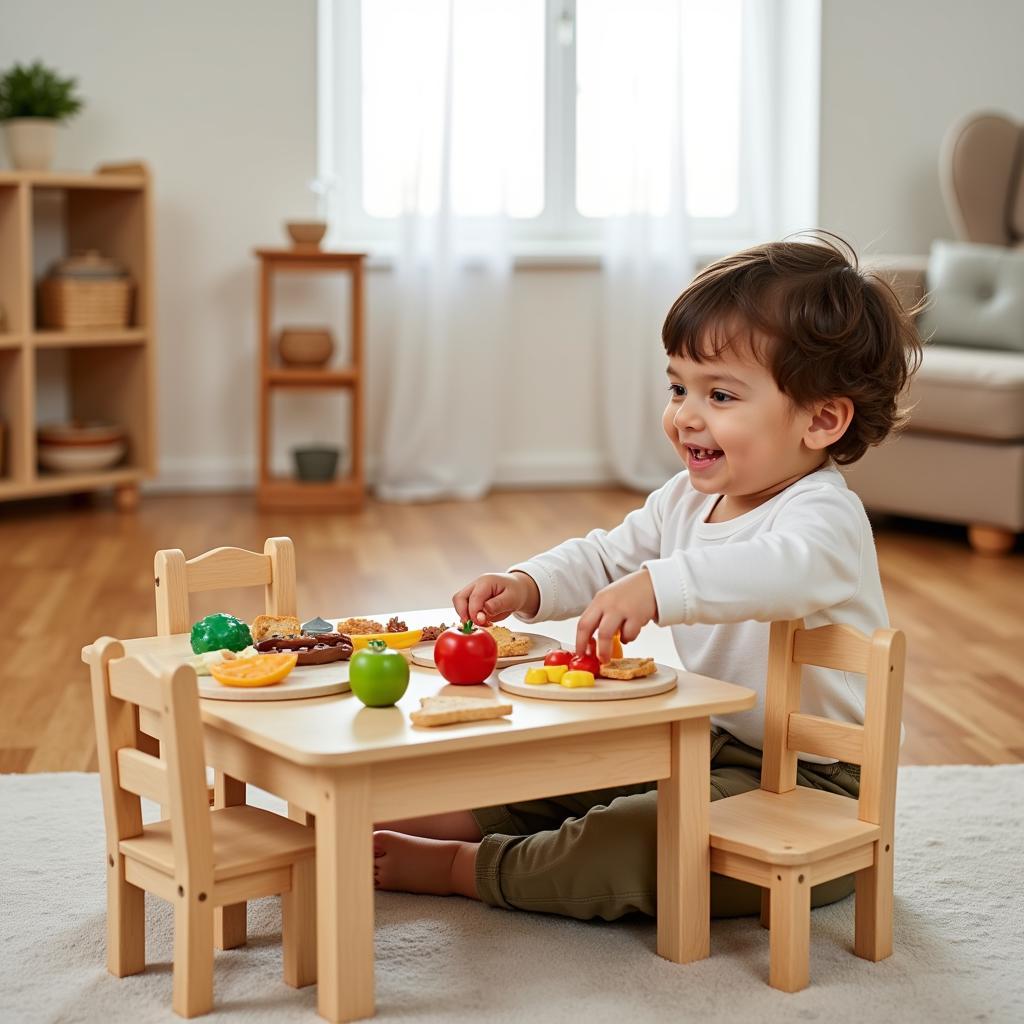 Child playing with a wooden food set in a play kitchen