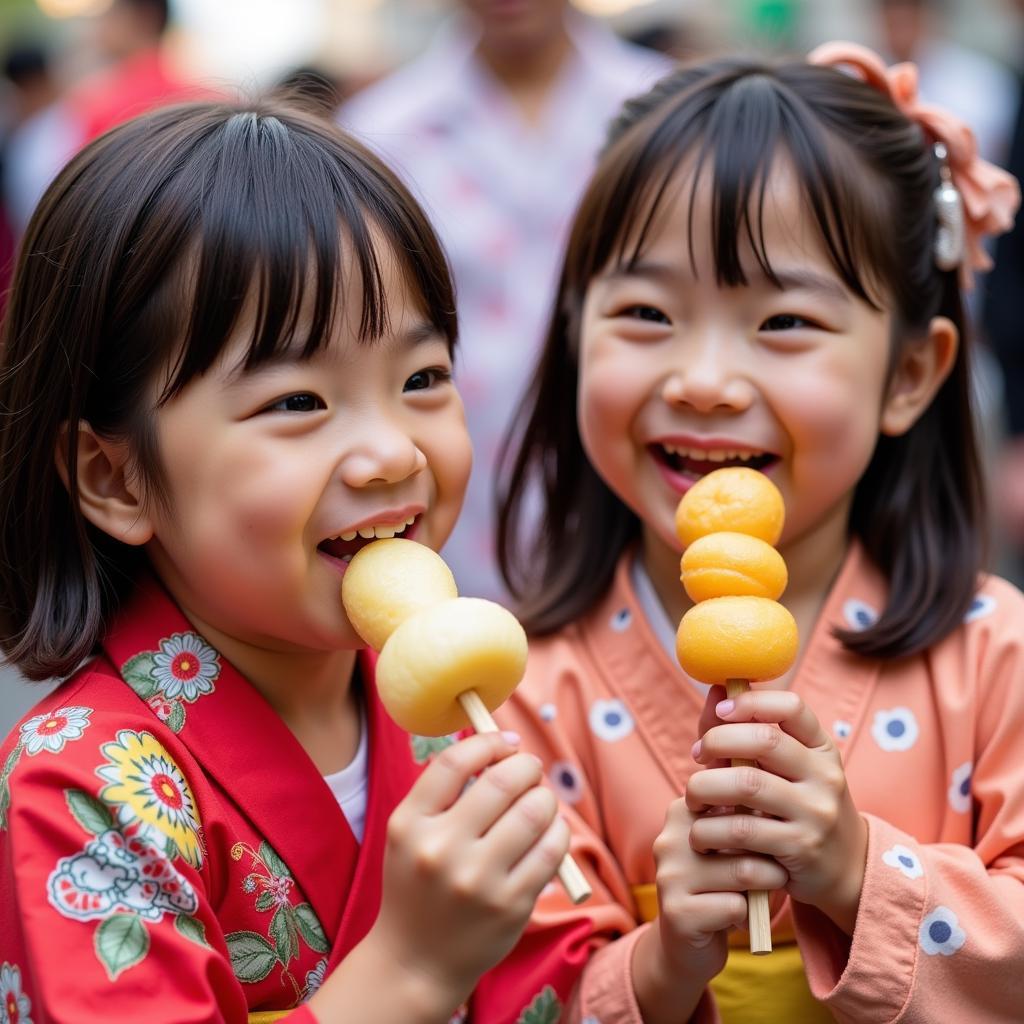 Children enjoying dango at a Japanese festival