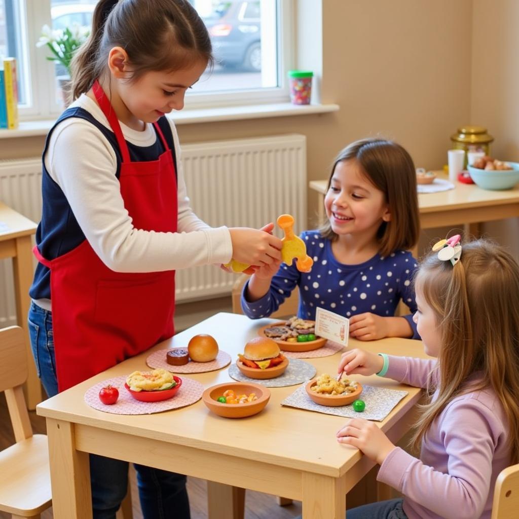 Kids Playing Restaurant with Wooden Food Sets