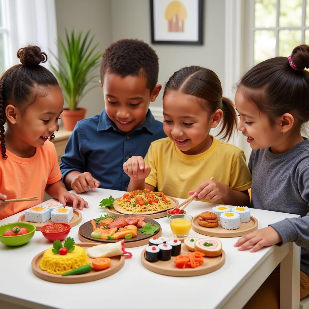 Children engaging in pretend play with a multicultural food set.