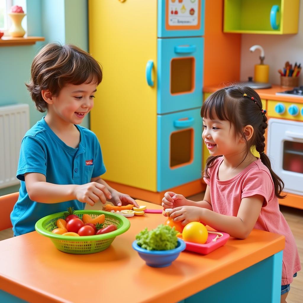 Two children enthusiastically playing with a basket of play food in a toy kitchen, mimicking cooking and serving actions.