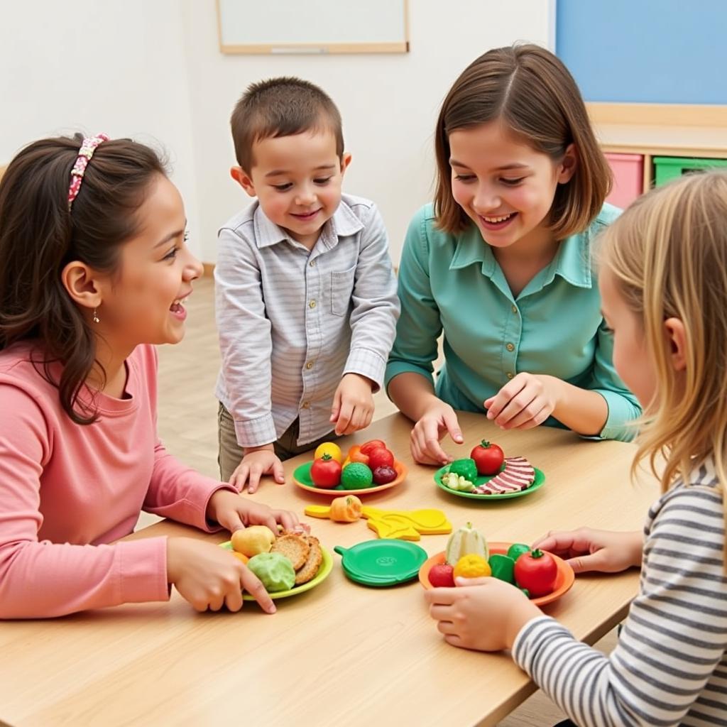 Children Engaging in Imaginative Play with a Wooden Food Set