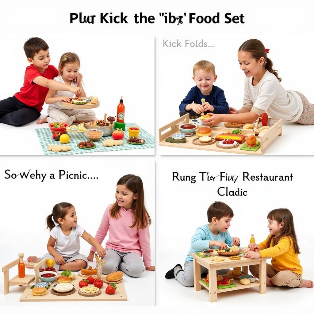 Children engaged in imaginative play with a wooden food toy set, setting up a pretend picnic.