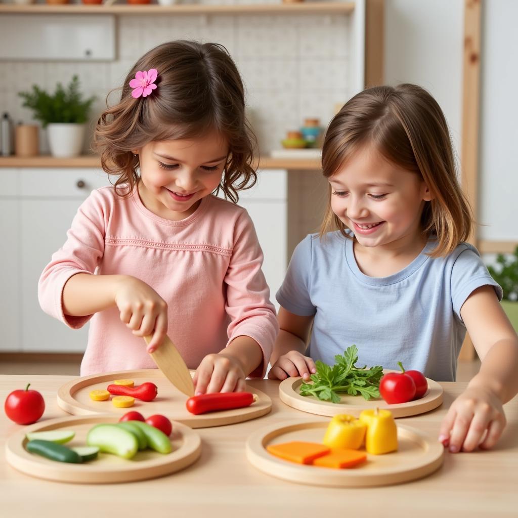 Children Engaging in Pretend Play with Wooden Food