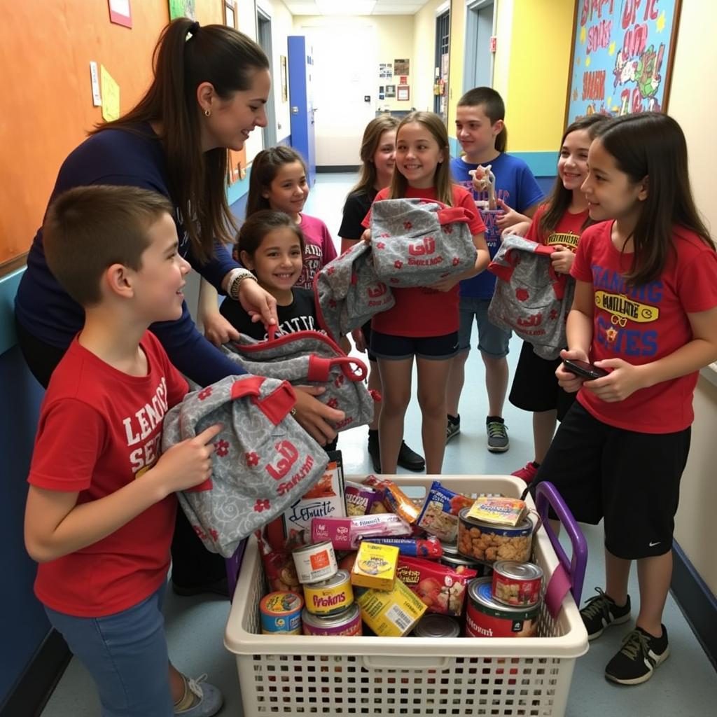 Children Receiving Backpacks Filled with Food