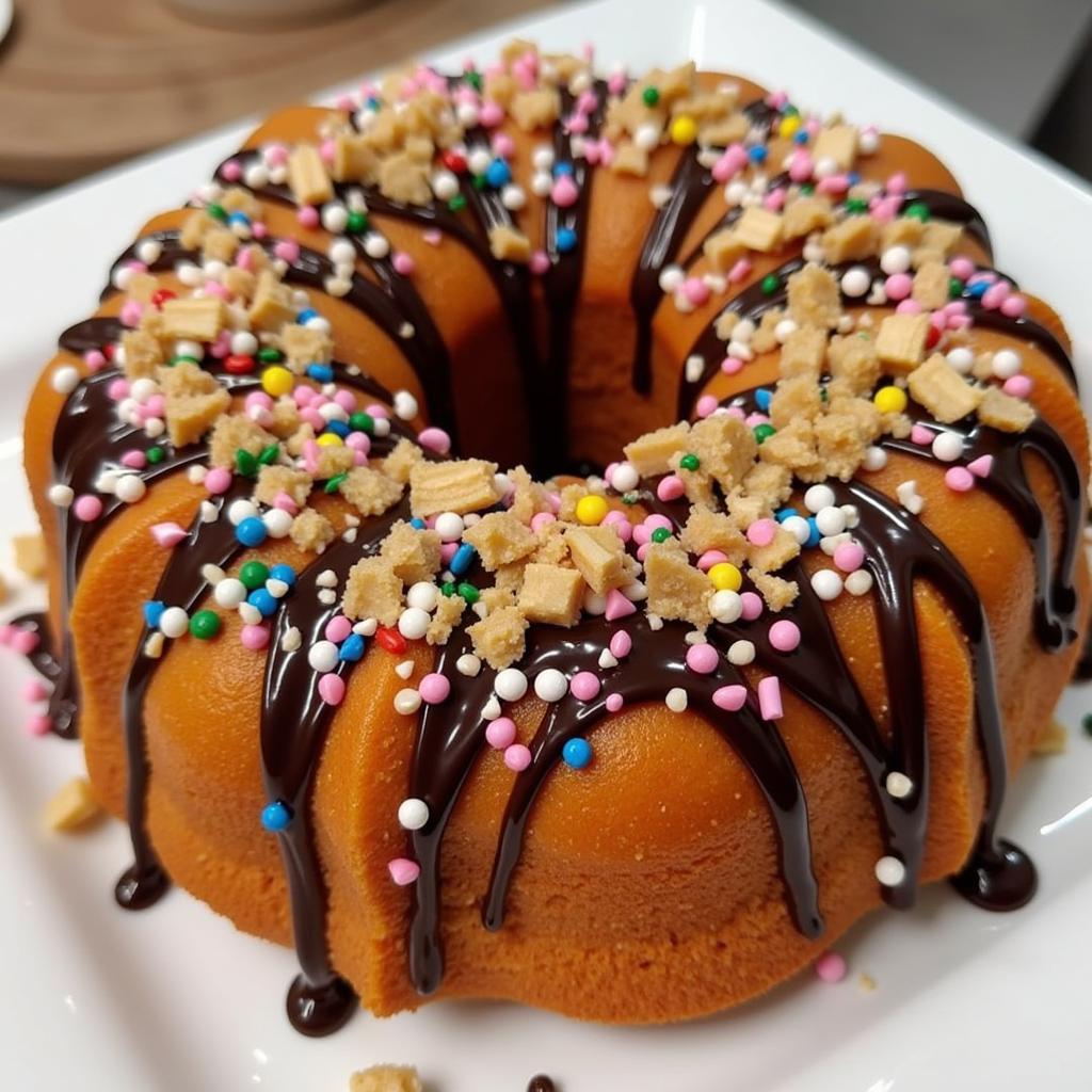 A chimney cake adorned with a variety of colorful and delicious toppings