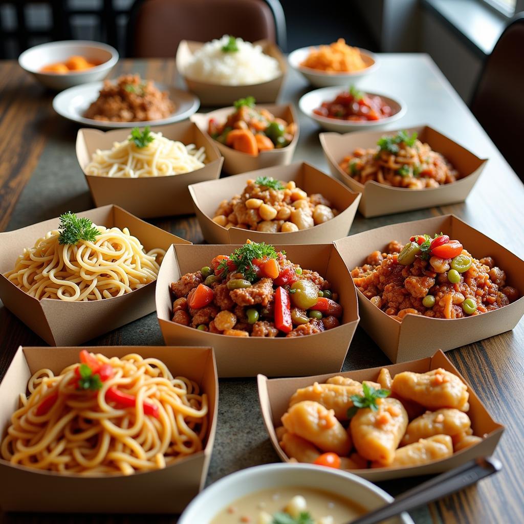 A table filled with a variety of Chinese takeout dishes, including noodles, dumplings, and entrees.