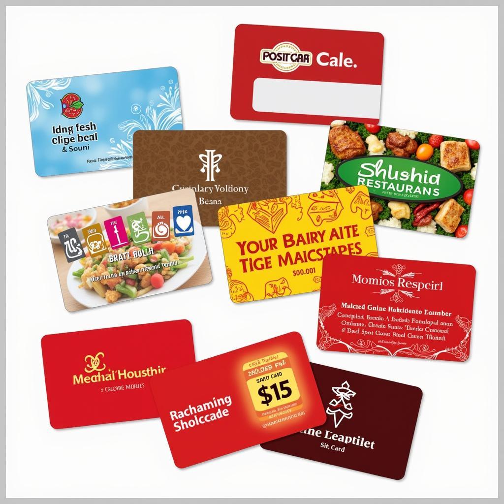 A variety of Chinese food gift cards displayed on a table with different restaurant logos and denominations.