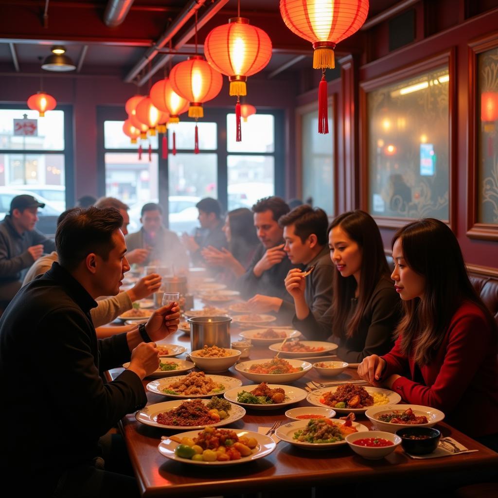 A bustling Chinese restaurant in Hamburg filled with diners enjoying various dishes.