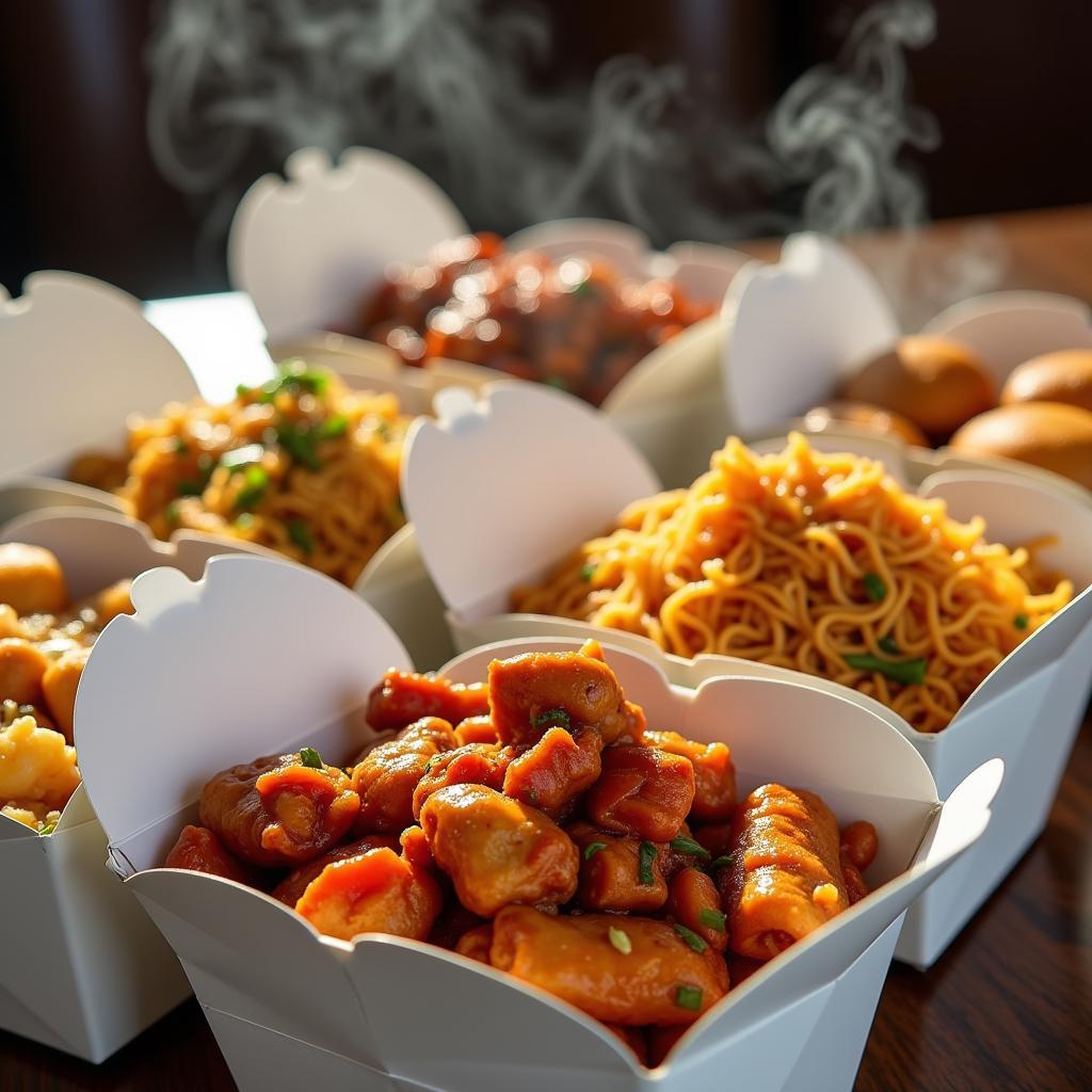 Chinese takeout containers filled with various dishes