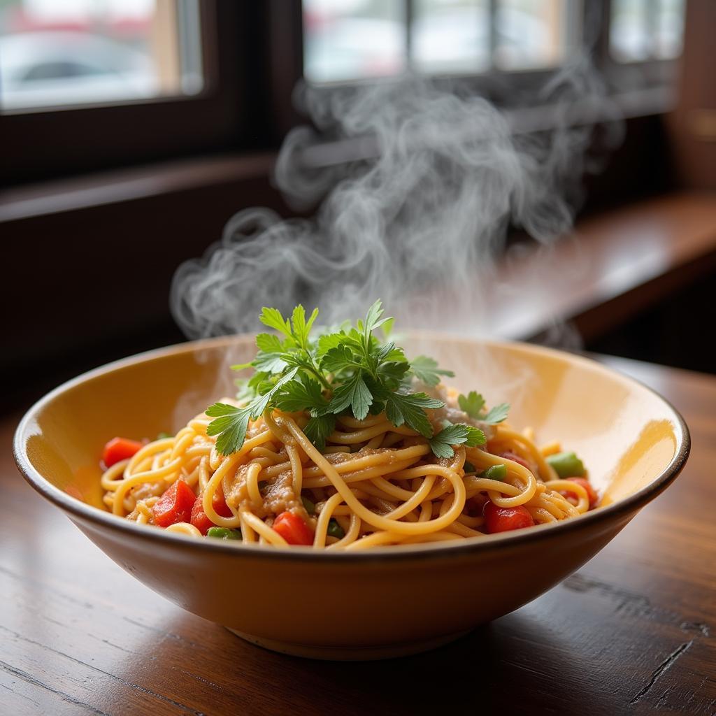 A close-up shot of a steaming bowl of delicious Chinese noodles, garnished with fresh herbs and vegetables, in a Portsmouth, RI, restaurant.