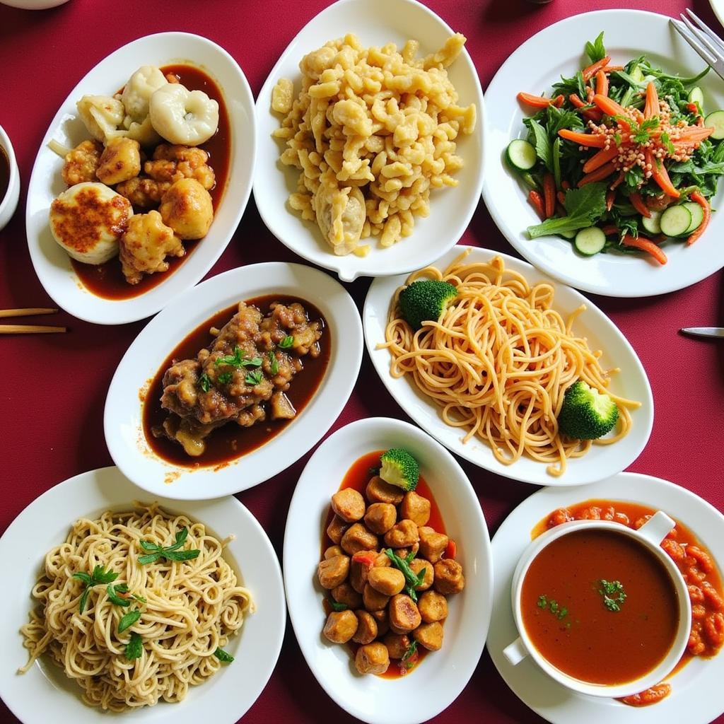 A table spread of various Chinese dishes in Portsmouth, RI, showcasing the diversity of flavors and culinary styles available.