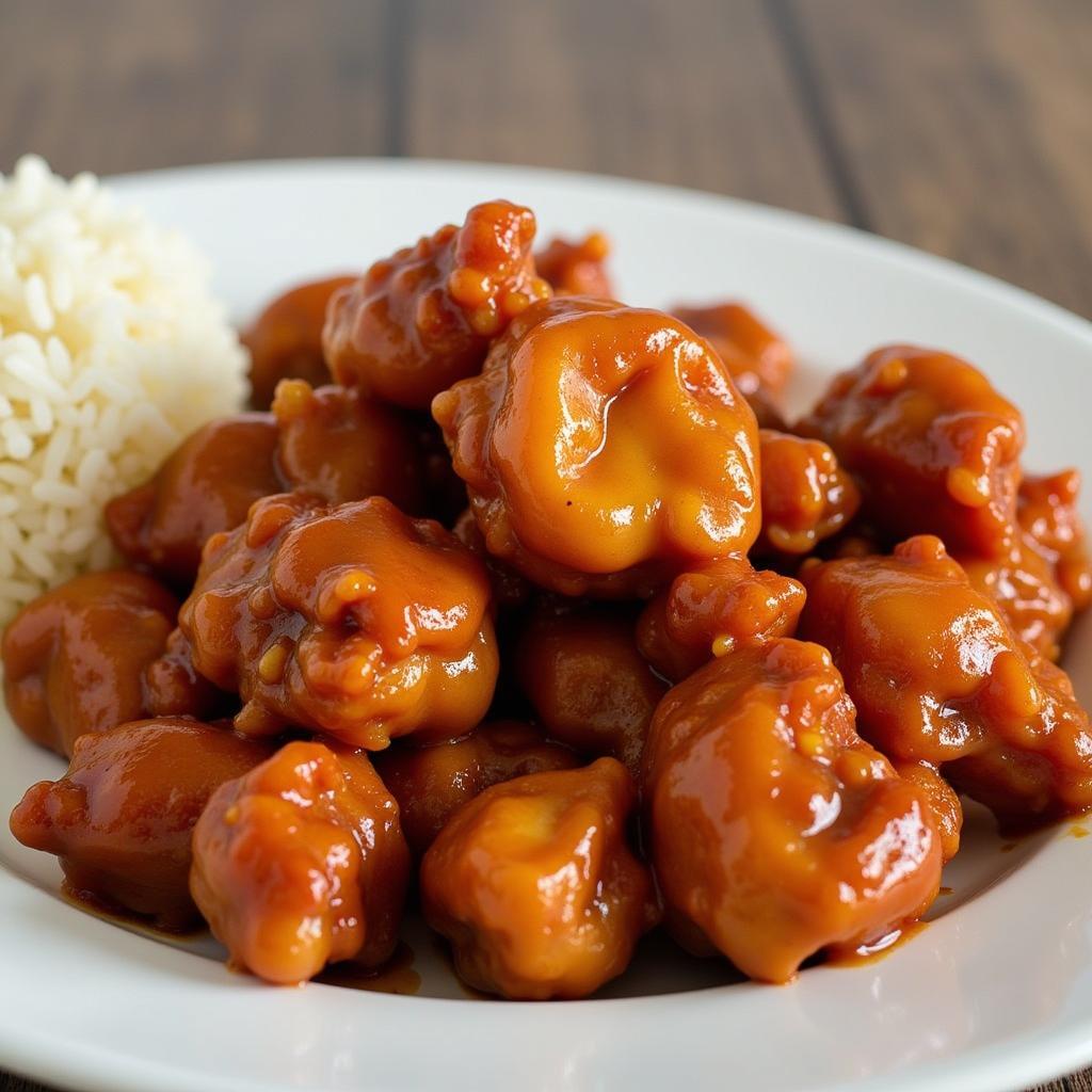 A plate of General Tso's chicken served with rice at a Chinese restaurant in Swedesboro NJ