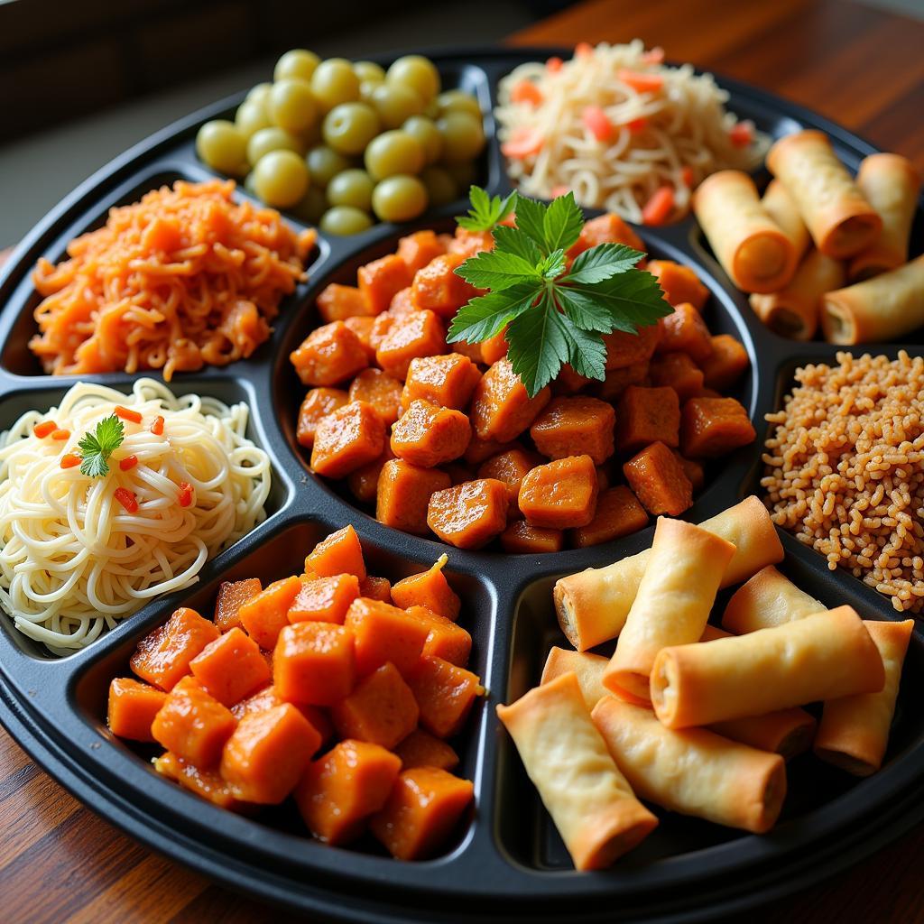 A vibrant Chinese food tray filled with various dishes