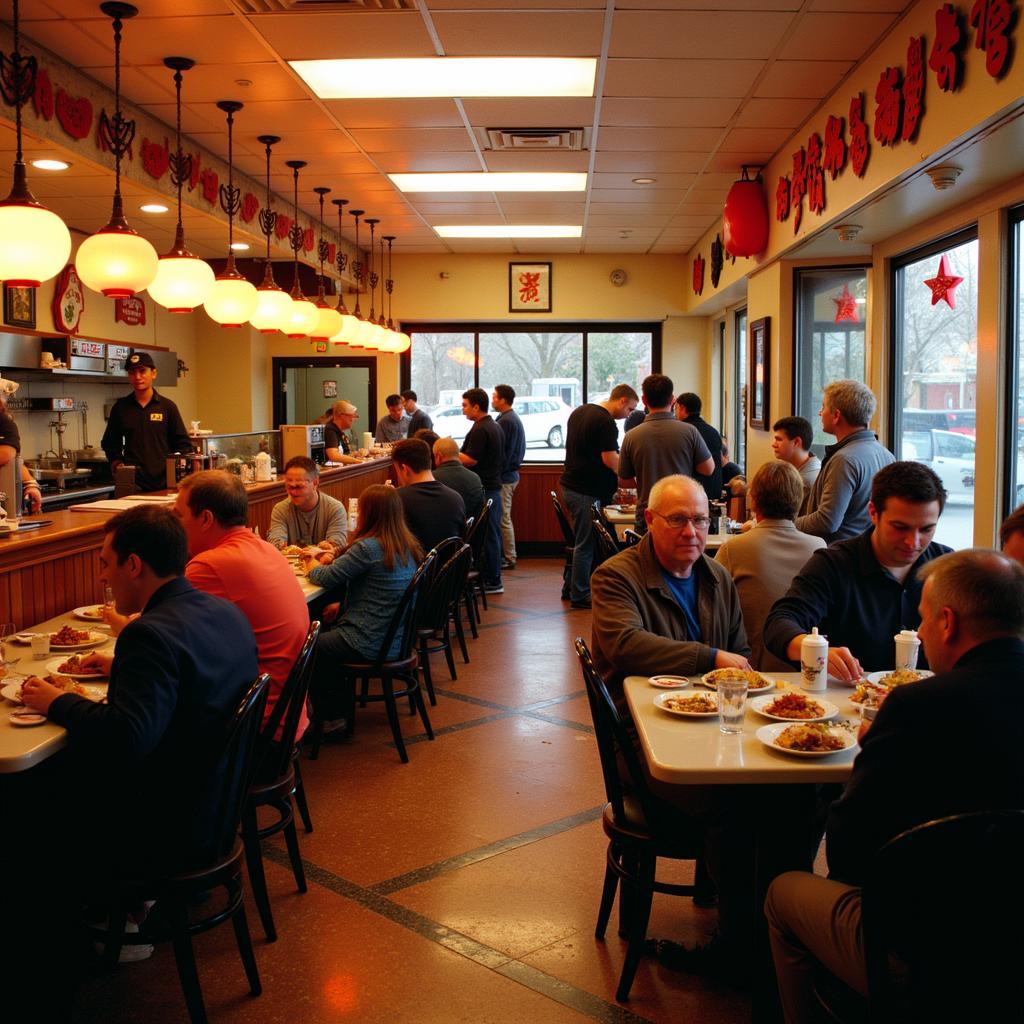 A bustling Chinese restaurant on Tyler St, Pittsfield, MA, filled with diners enjoying a variety of dishes.