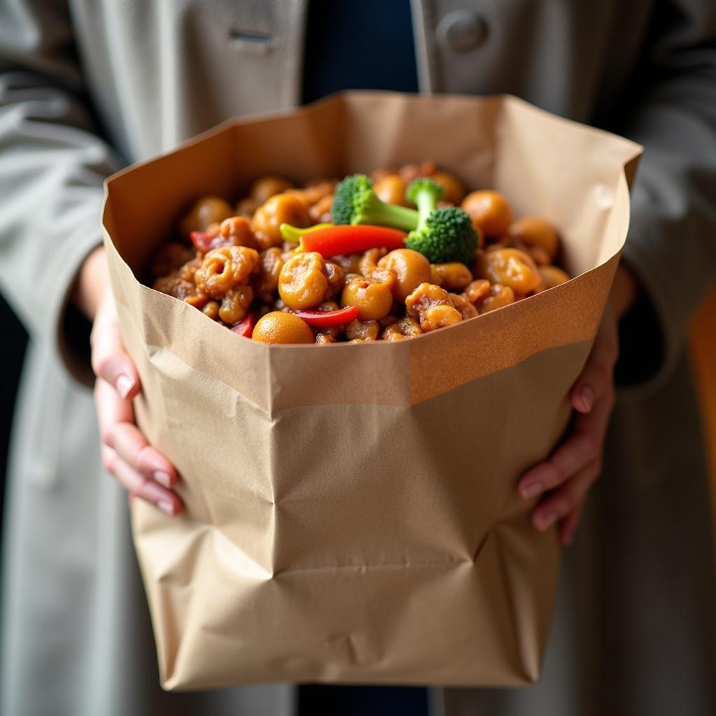 A person holding a bag of Chinese takeout food from a restaurant on Tyler St, Pittsfield, MA.