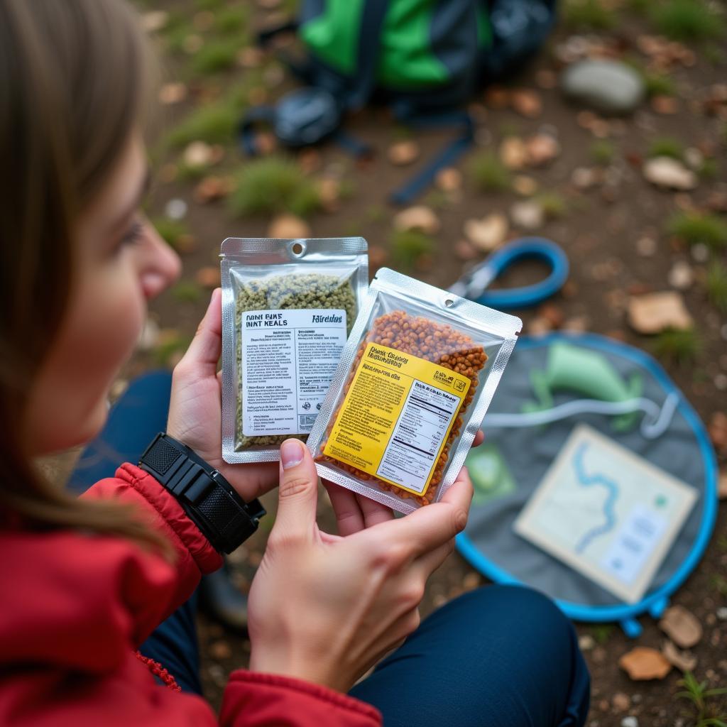 A person examining different packages of dehydrated camping meals, considering nutritional information and ingredients.