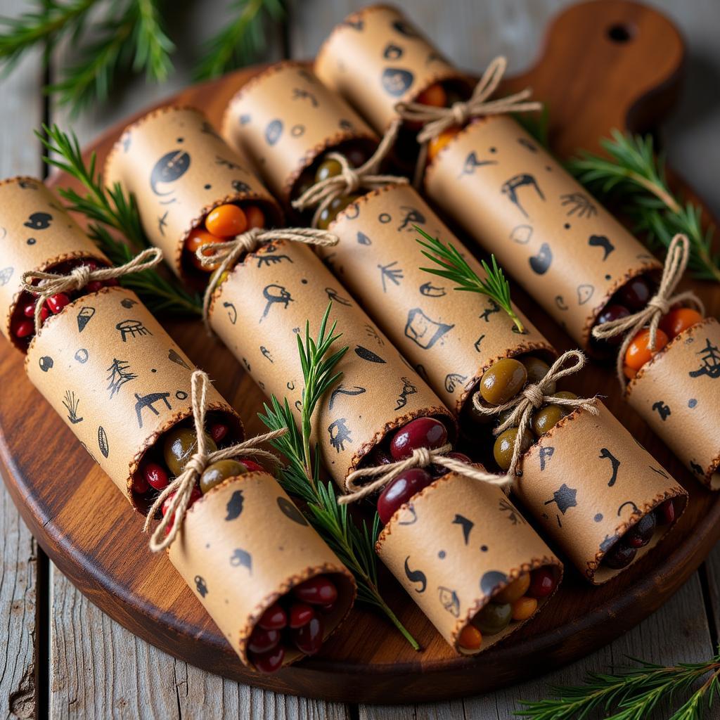 Christmas crackers filled with savory snacks like spiced nuts, olives, and artisanal cheeses.