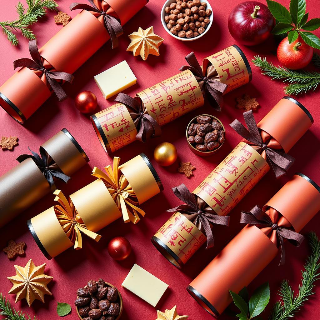 Christmas crackers filled with a variety of sweet and savory treats, including chocolates, nuts, cheeses, and dried fruits.