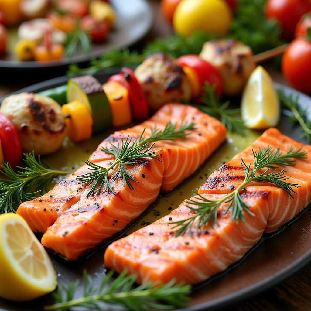 Christmas in July main course: Grilled salmon and kebabs