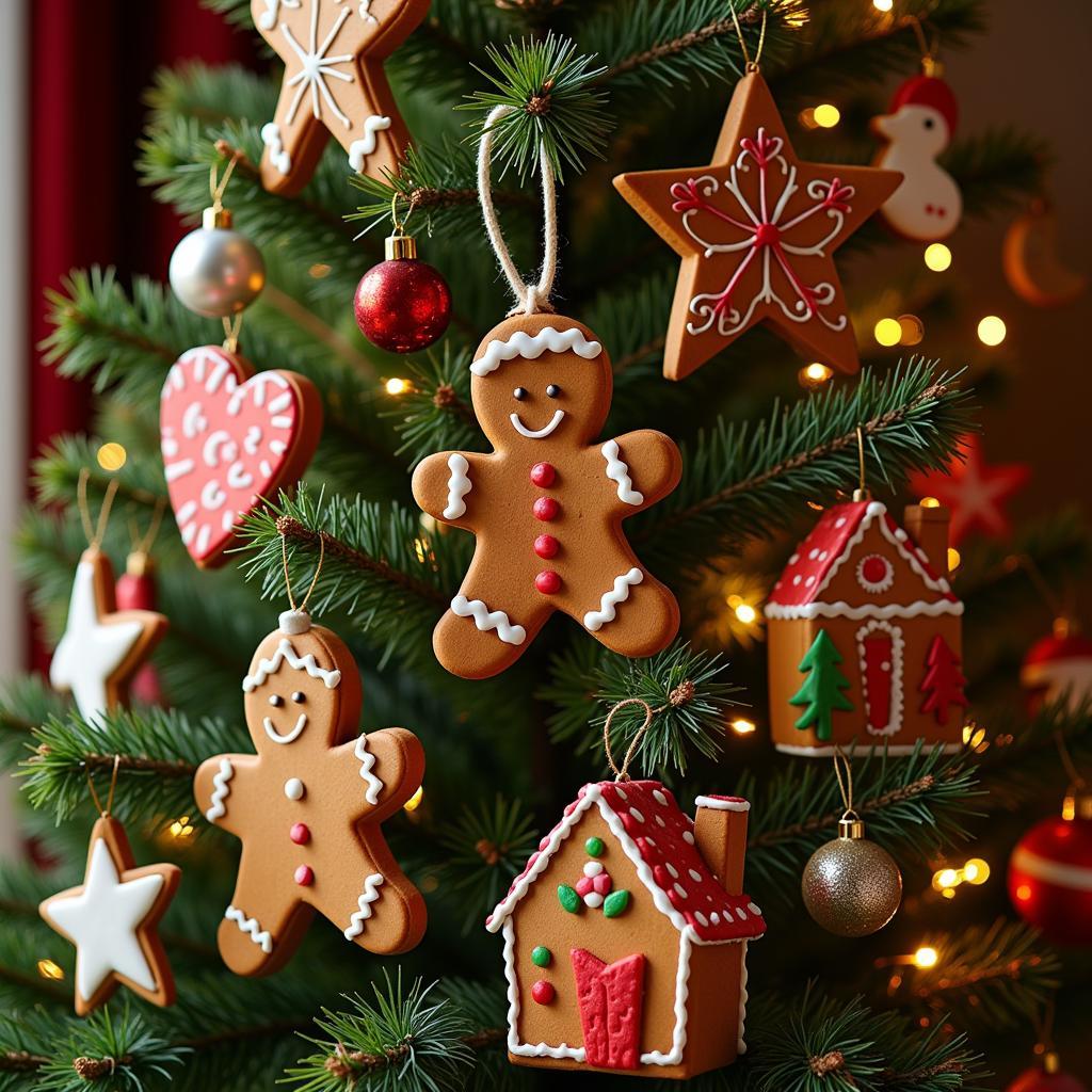 Gingerbread ornaments hanging on a Christmas tree