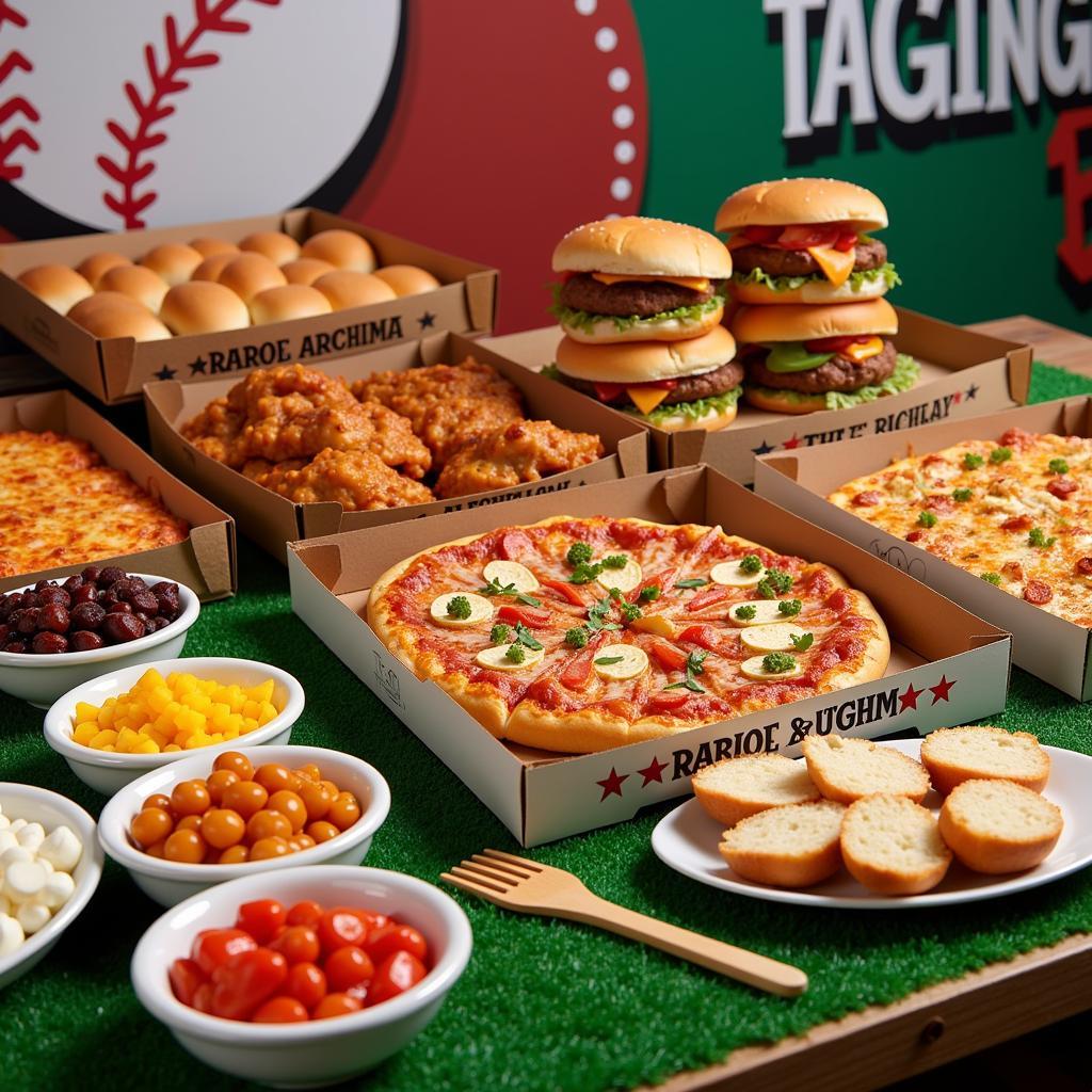 Classic Baseball Party Food Spread: Hot dogs, hamburgers, pizza, and various toppings arranged on a table.