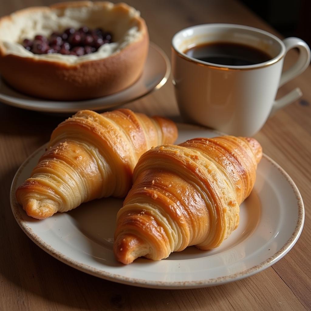 A classic pairing of a croissant and a cup of coffee.