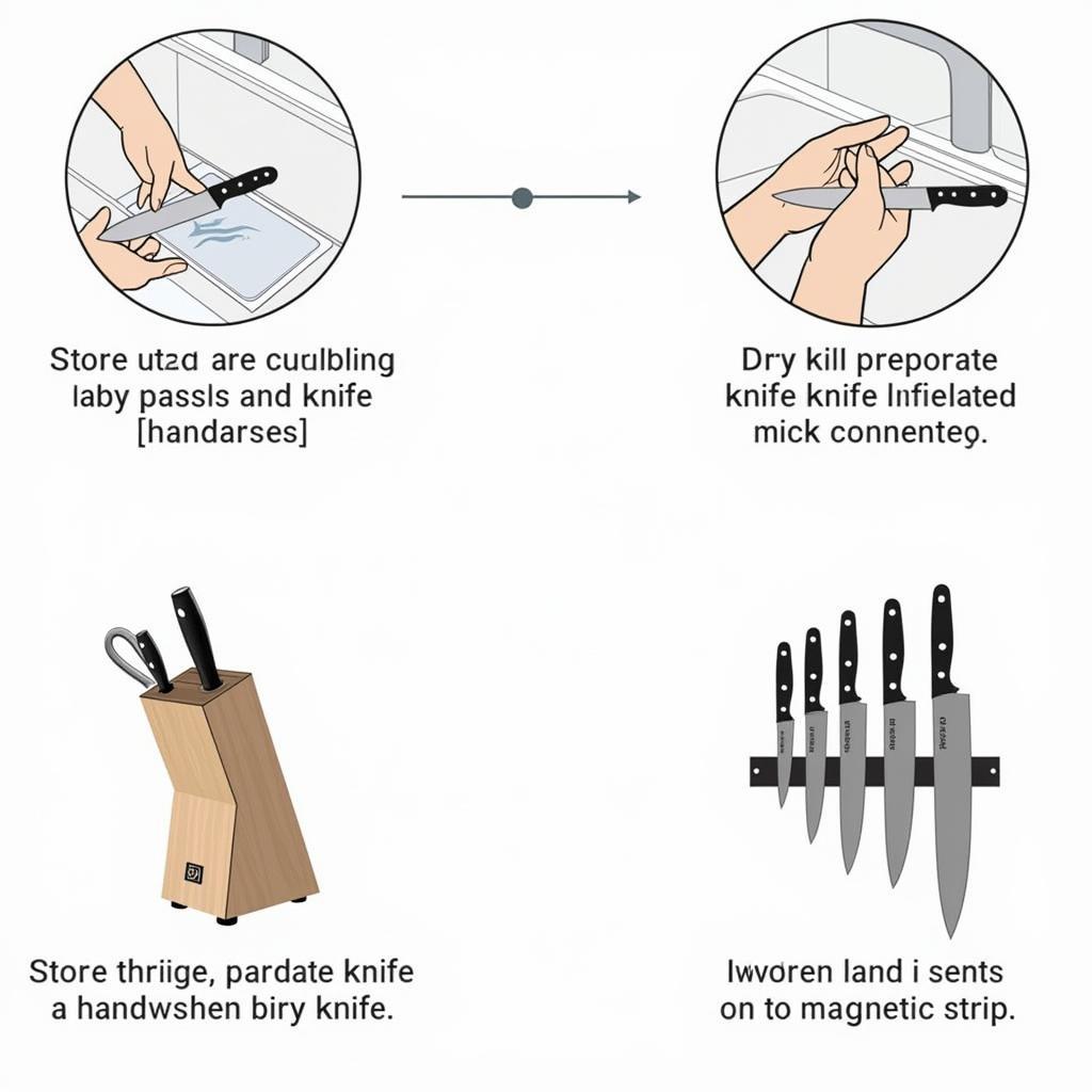 Demonstrating proper cleaning and storage techniques for food safety knives, emphasizing the importance of handwashing, thorough drying, and safe storage solutions.