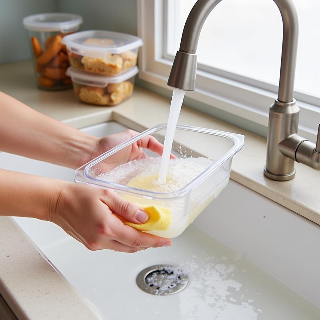 A person washing a large rectangular food storage container in a sink with soapy water.