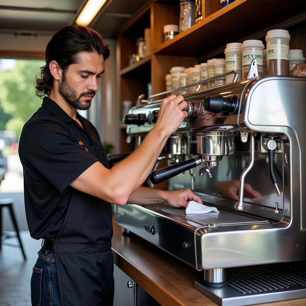 Barista cleaning the coffee machine components inside a food truck