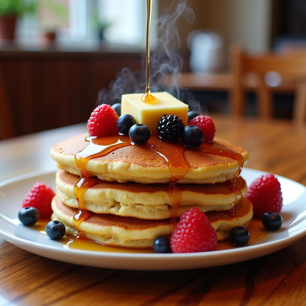 Clifton's fluffy pancakes drizzled with maple syrup and fresh berries