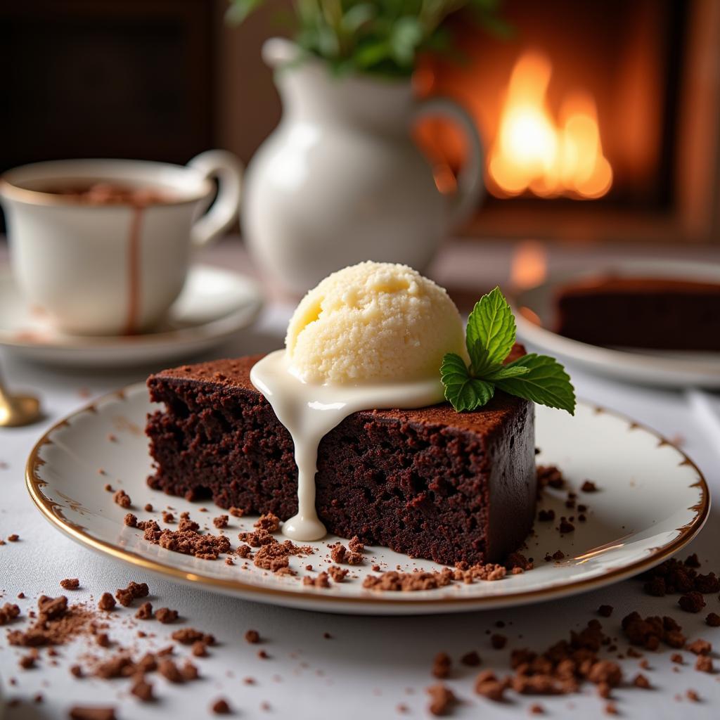 Rich chocolate cake with a scoop of vanilla ice cream