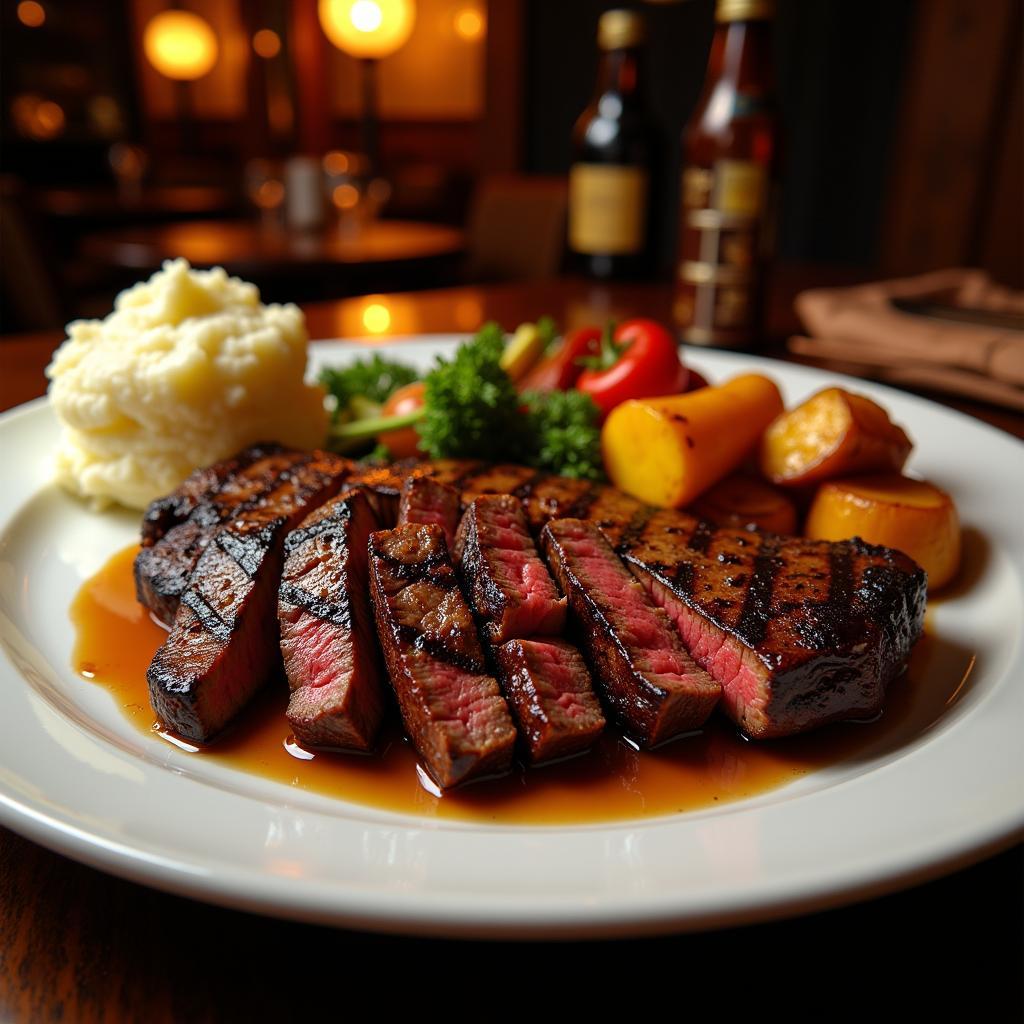 Perfectly grilled steak served with roasted vegetables and mashed potatoes.