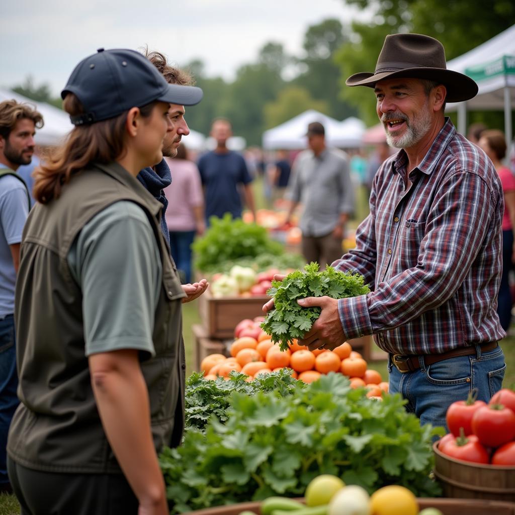 Clovis Tubbs discussing ingredients with local farmers at a farmers market