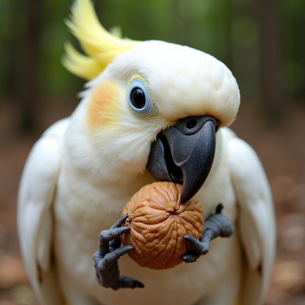 A Cockatoo cracking open and enjoying a nut.