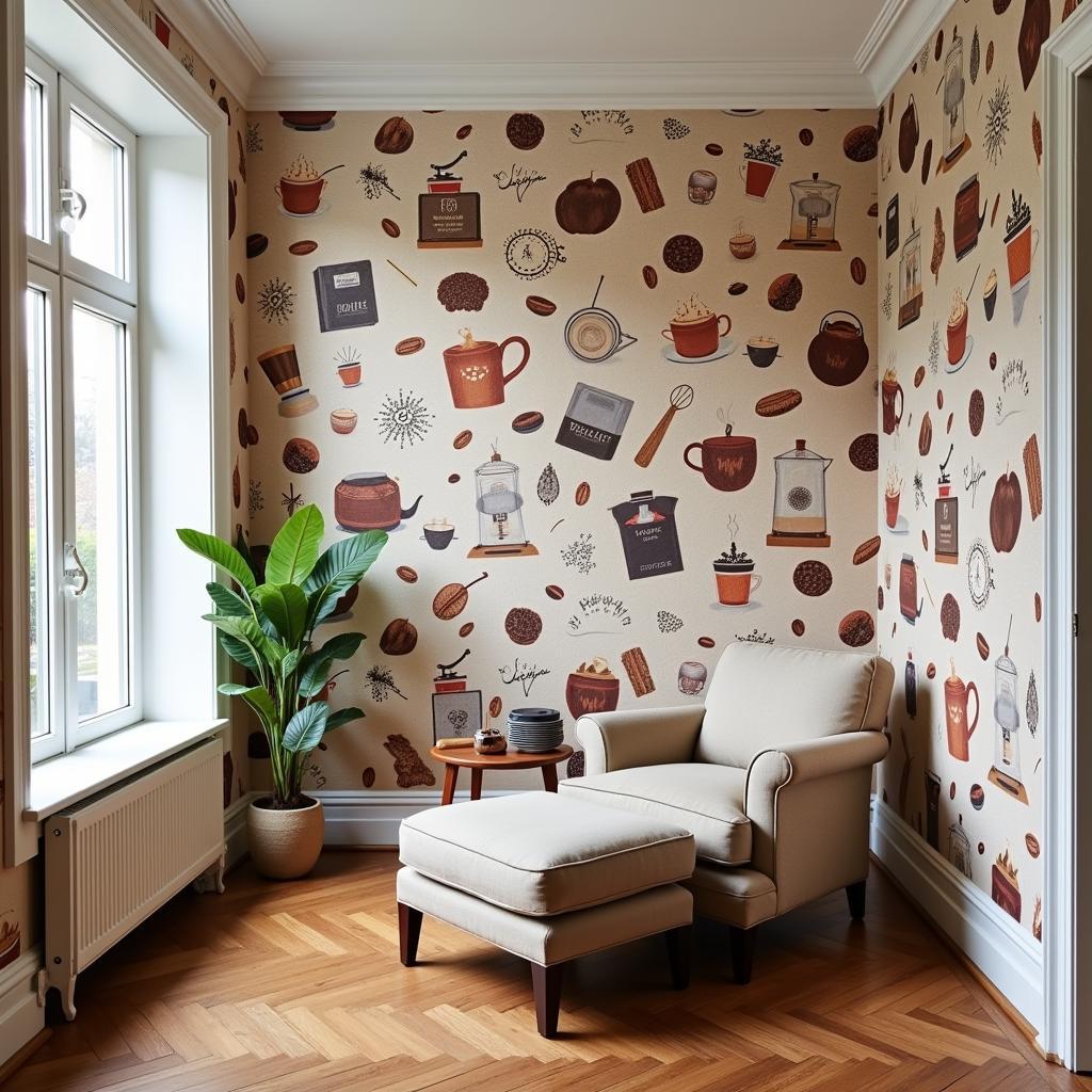 Coffee-themed wallpaper creates a cozy cafe corner in a living room