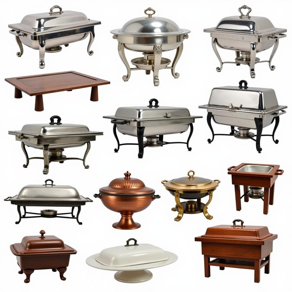 Diverse collection of antique food warmers showcasing different styles and materials.