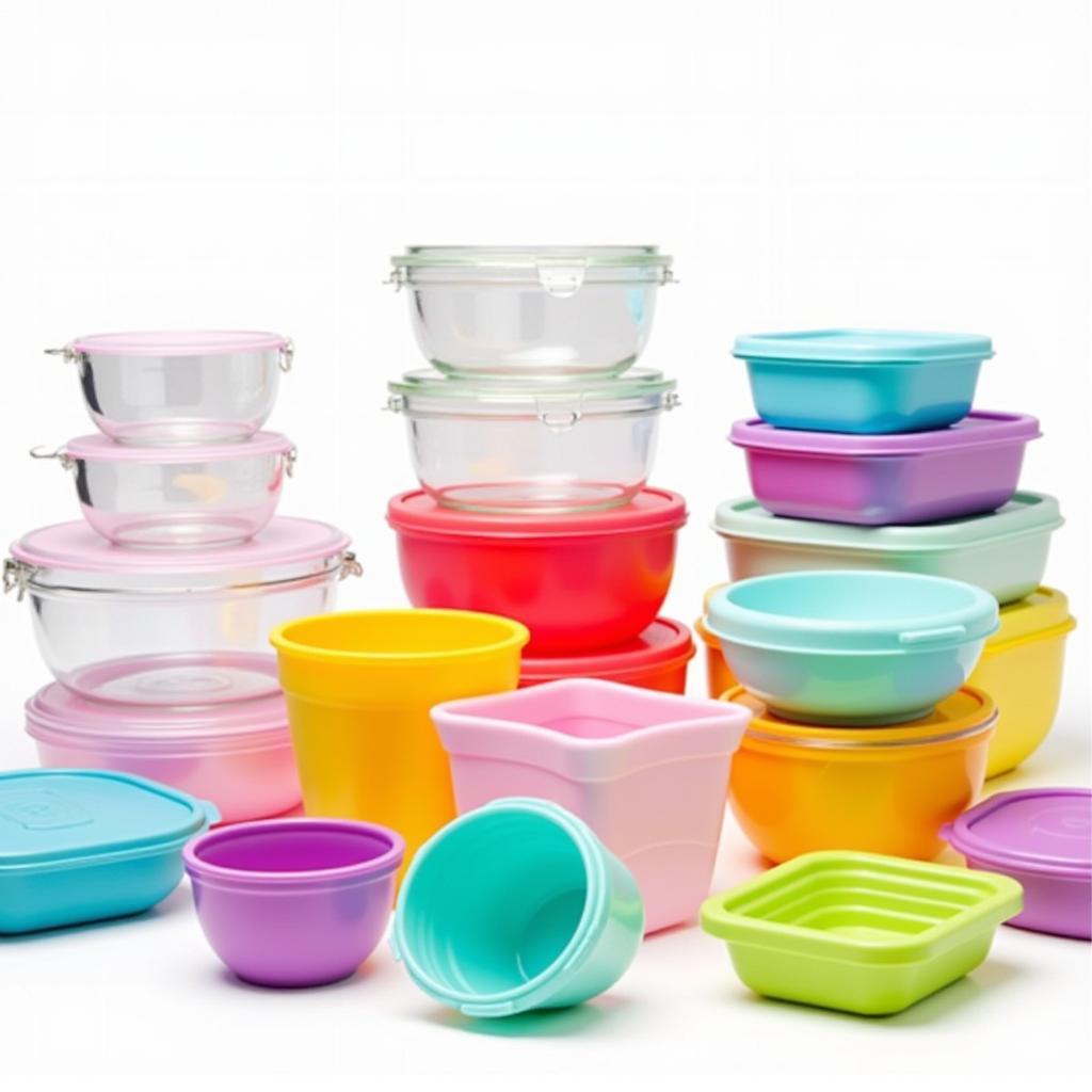 Colorful food containers made of glass, plastic, and silicone